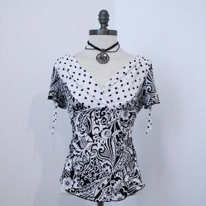 Y2k vintage black and white maximalist print grunge fairy top with tie details
